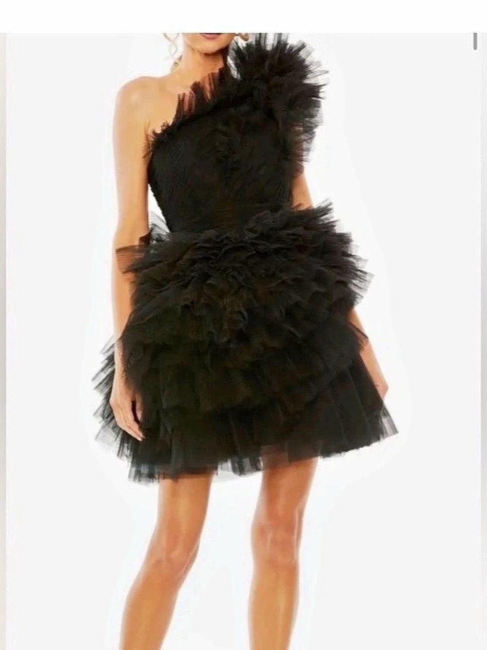 Mac Duggal Tulle Ruffle One Shoulder Mini Dress Black